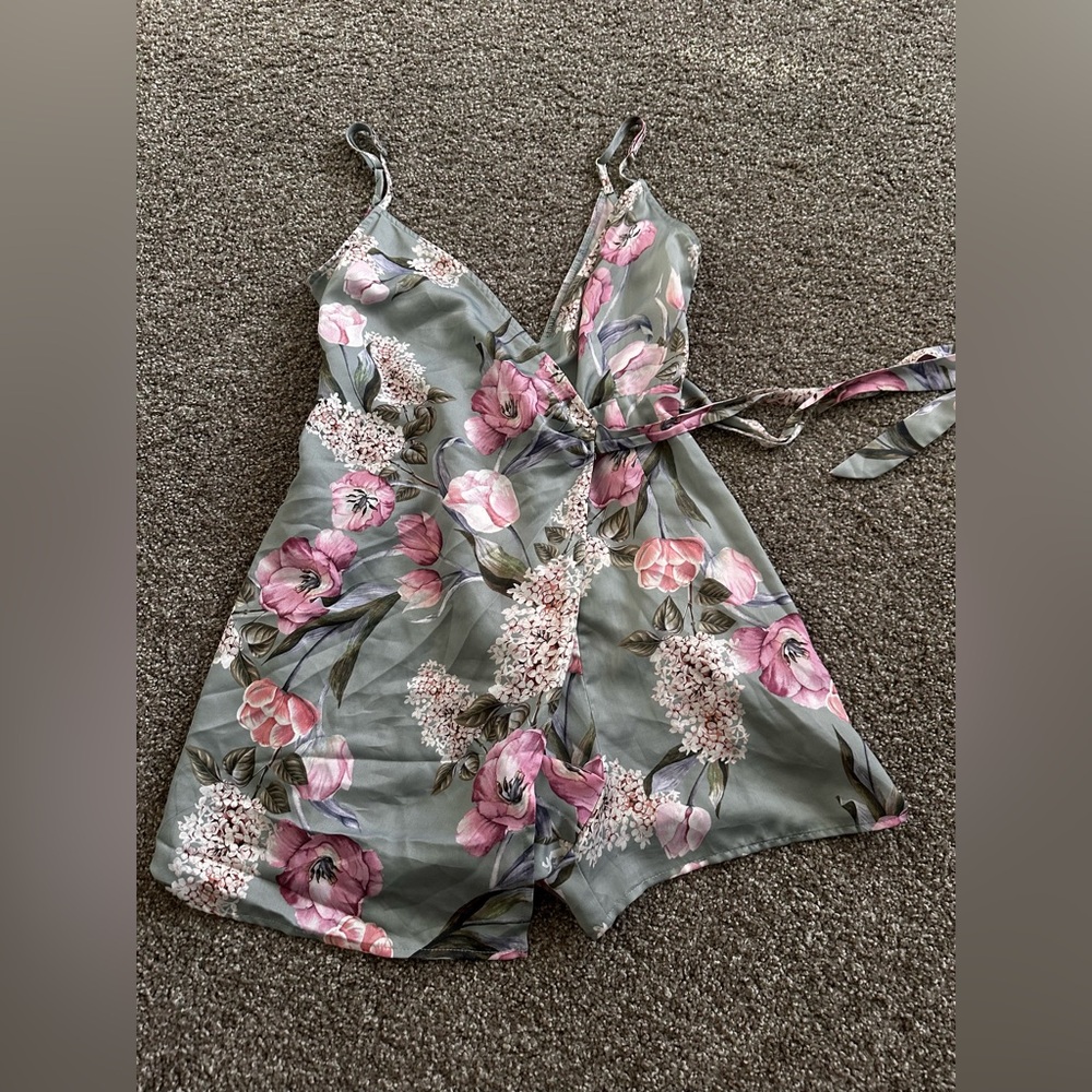 Show Me Your MuMu Floral Wrap Romper - Pink and Gray